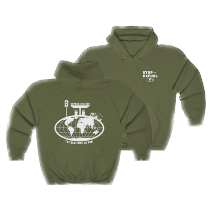 Olive Green Stylish and comfortable Gopack Station hoodies featuring the iconic Gopack logo, perfect for representing your favorite lifestyle brand while staying warm.